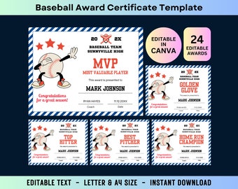 Baseball Certificate Editable Kids Baseball Team Awards Canva Template Printable End of Season Sports Banquet Party MVP Player Gift Ceremony