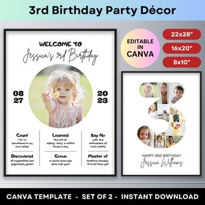 3rd Birthday Number 3 Photo Collage Three Year Old Milestones Photo Board Printable Poster Party Decor Welcome Sign Editable Canva Template
