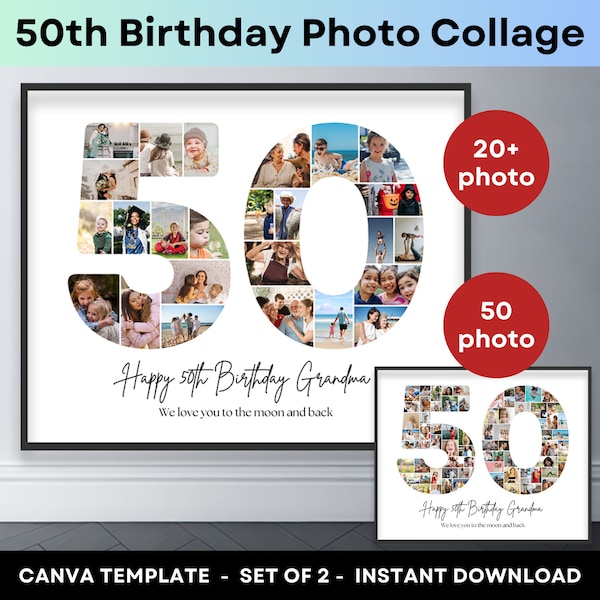 50 cumpleaños número 50 Collage de fotos Plantilla de marco de Canva imprimible Regalo del 50 aniversario Collage de fotos 8x10 Póster para mamá papá abuela