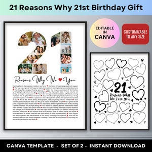 21. urodziny 21 powodów, dla których Cię kochamy Spersonalizowany prezent dla córki syna najlepszego przyjaciela kolaż zdjęć plakat do wydrukowania dekoracja imprezy