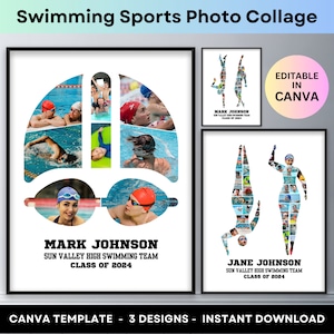 Schwimmen Fotocollage Sport Schwimmer Athlet Senior Nacht Abschluss Geschenk Swim Coach Bild Collage Benutzerdefinierte druckbare Poster Canva Vorlage