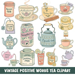 May include: A collection of digital illustrations featuring various tea-themed items including teapots, cups, tea bags, and canisters. Each item displays a pun-based name like Authentici-tea, Hones-tea, and Simplici-tea, rendered in a soft pastel color palette with vintage-inspired line art.