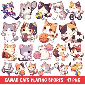 Clipart de deportes de gato kawaii Lindo gatito PNG Gatos jugando fútbol Baloncesto Hockey Tenis Pegatina digital Ilustración de dibujos animados para niños