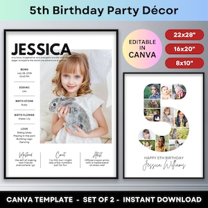 May include: A printable 5th birthday party decor set featuring a photo collage of a girl in the shape of the number 5 and a personalized poster with the girl's name, birthdate, zodiac sign, birthstone, birth flower, and favorite activities. The poster is black and white with bold text. The set is editable in Canva and available for instant download.