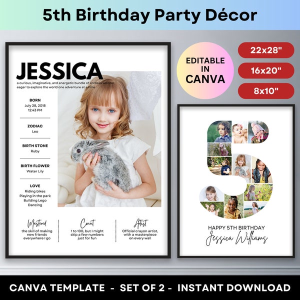 5th Birthday Number 5 Photo Collage Five Year Old Milestones Photo Board Printable Poster Party Decor Welcome Sign Editable Canva Template