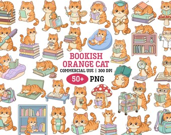 Bokälskare katt png kawaii orange tabby katt läser clipart tillbaka till skolan bunt