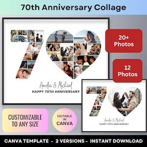 70 Jahre Herz Fotocollage 70 Jahre Hochzeitstag Geschenk Mama Papa Opa Oma Benutzerdefiniertes Bild Mosaik Canva Template Poster Poster