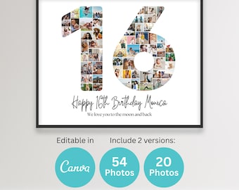 16th Birthday Number 16 Photo Collage Printable Canva Frame Template 16th Anniversary Picture Collage 8x10 Poster Birthday Gift Son Daughter