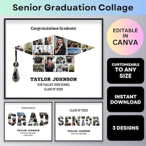 Graduation Photo Collage School Senior Year Gifts Class Graduate Poster Grad Party Décor Sign Board Graduation Cap Hat Canva Frame Template