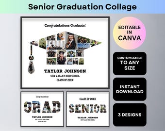 Graduation Photo Collage School Senior Year Gifts Class Graduate Poster Grad Party Décor Sign Board Graduation Cap Hat Canva Frame Template