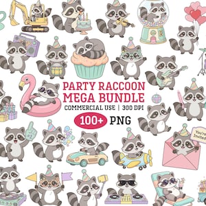 May include: A colourful illustration featuring cartoon raccoons in party settings. The image shows raccoons with party hats, playing musical instruments, and driving vehicles. Text reads "Party Raccoon Mega Bundle" and "100+ PNG".