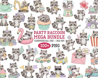 Tvättbjörnsfödelsedagsfest Clipart Kawaii djur PNG-paket Barnpyssel Utskrivbart klistermärke Festdekor