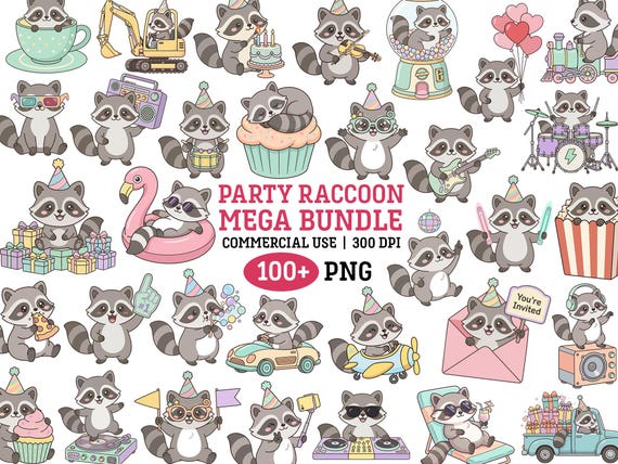 Raccoon Birthday Party Clipart Kawaii Animal PNG Bundle Kids Craft Printable Sticker Celebration Décor