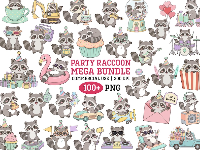 May include: A colourful illustration featuring cartoon raccoons in party settings. The image shows raccoons with party hats, playing musical instruments, and driving vehicles. Text reads "Party Raccoon Mega Bundle" and "100+ PNG".