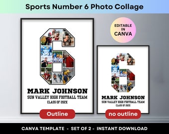 Sports Photo Collage Player Number 6 Graduation Gift Senior Night 2024 Athlete Poster Football Basketball Baseball Soccer Canva Template