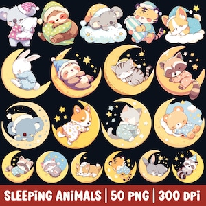 Cute Sleeping Animals Clipart Kawaii Baby Shower Animal Cartoon PNG Bundle Children Nursery Watercolor Illustration Digital Sticker for Kids