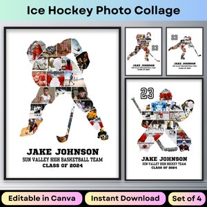 Ice Hockey Sports Photo Collage Hockey Player Athlete Senior Night Graduation Gift Coach Picture Collage Printable Poster Canva Template