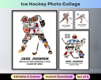 Ice Hockey Sports Photo Collage Hockey Player Athlete Senior Night Graduation Gift Coach Picture Collage Printable Poster Canva Template