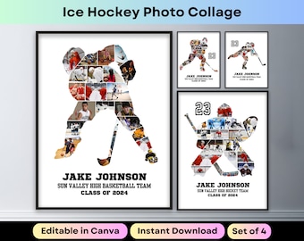 Collage fotografico sportivo di hockey su ghiaccio, giocatore di hockey, atleta, serata di laurea, regalo di allenatore, collage di immagini, poster stampabile, modello Canva