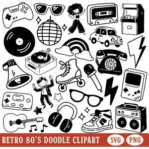 Retro jaren 80 doodle SVG bundel groovy jaren 70 PNG clipart disco vrijgezellenfeest ontwerpelementen vintage mode jaren 80 muziek iconen arcade gamer