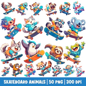 Cute Skateboarding Animal Clipart Cool Skater PNG Bundle Animal Riding Skateboard Watercolor Illustration Kids Cartoon Funny Digital Sticker