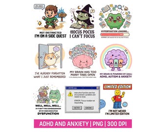 ADHD Autism Pride PNG Anxiety and Overthinking Humor Printable Sticker Bundle Sublimation Image for T-shirt Design