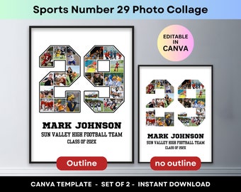 Sports Photo Collage Player Number 29 Graduation Gift Senior Night 2024 Athlete Poster Football Basketball Baseball Soccer Canva Template