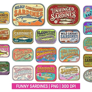 Funny Sardines Meme Clipart, Gen Z Sardine Can PNG Bundle, Delulu and Brain Rot Internet Humor, Vintage Retro Sticker Design, Commercial Use