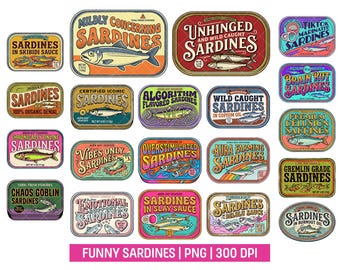 Funny Sardines Meme Clipart, Gen Z Sardine Can PNG Bundle, Delulu and Brain Rot Internet Humor, Vintage Retro Sticker Design, Commercial Use