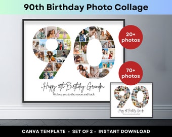 Numéro 90 collage 90e anniversaire numéro collage photo toile imprimable collage modèle photo collage affiche cadeau d'anniversaire grand-mère grand-père