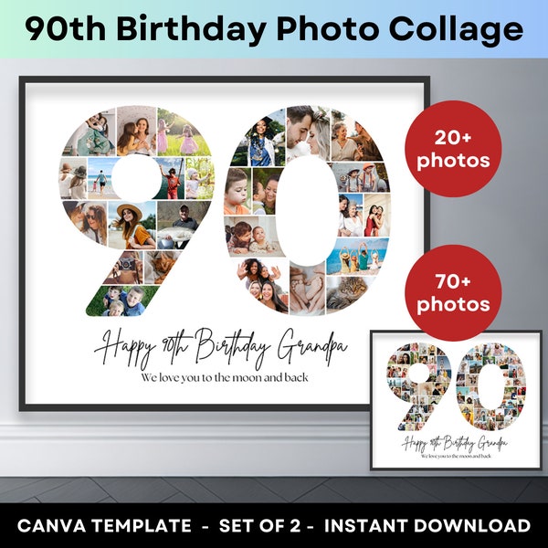 Zahl 90 Collage 90 Geburtstag Zahl Fotocollage Printable Canva Collage Vorlage Bild Collage Poster Geburtstag Geschenk Oma Opa