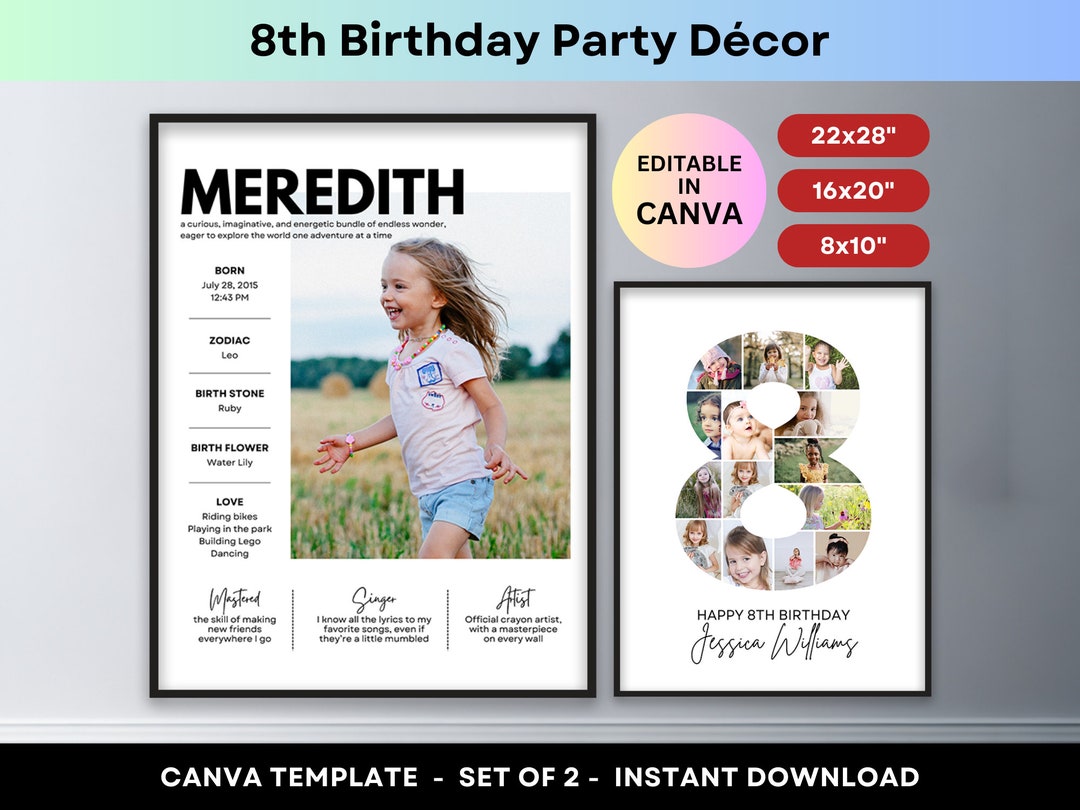 8th Birthday Number 8 Photo Collage Eight Years Old Milestones Photo ...