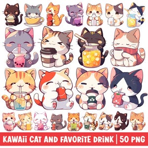 Kawaii Cat and Drink Clipart Cute Kitten PNG Bundle Set Calico Tabby Tuxedo Kitty Cartoon Illustration Coffee Boba Tea Fruit Juice Lemonade