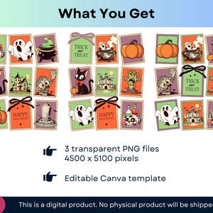 May include: A collection of Halloween-themed digital stamps with various illustrations, including pumpkins, ghosts, black cats, and zombies. The stamps are in orange, green, and purple, with the words "Happy Halloween" and "Trick or Treat".