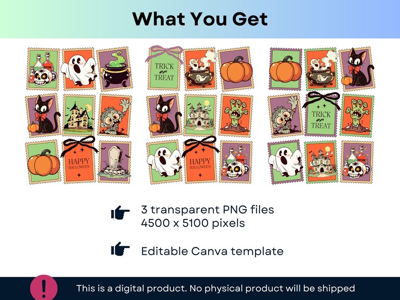 May include: A collection of Halloween-themed digital stamps with various illustrations, including pumpkins, ghosts, black cats, and zombies. The stamps are in orange, green, and purple, with the words "Happy Halloween" and "Trick or Treat".