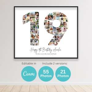 19歳の誕生日 数字19 写真コラージュ 印刷可能 Canva フレーム テンプレート 19周年記念写真ポスター 誕生日プレゼント 息子 娘 16x20 8x10