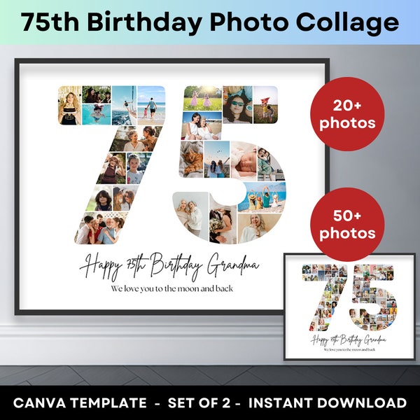 75th Birthday Number 75 Photo Collage Printable Canva Frame Template 75th Anniversary Gift Picture Collage 8x10 Poster Grandpa Grandma Gifts