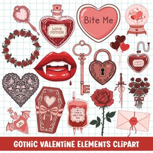 May include: A collection of gothic Valentine's Day clipart elements. Includes a heart-shaped bottle labeled "Love Potion", a heart-shaped padlock, a coffin, a heart-shaped balloon, and a heart-shaped "Bite Me" graphic. The text "GOTHIC VALENTINE ELEMENTS CLIPART" is also present.
