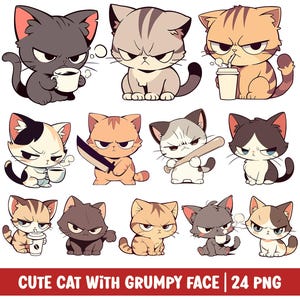 Gatto carino con faccia scontrosa Clipart Kawaii Gatto PNG Gattino Gattino Cartone animato Illustrazione Arrabbiato Lunatico Infastidito Espressione Cattivo umore Amante del caffè