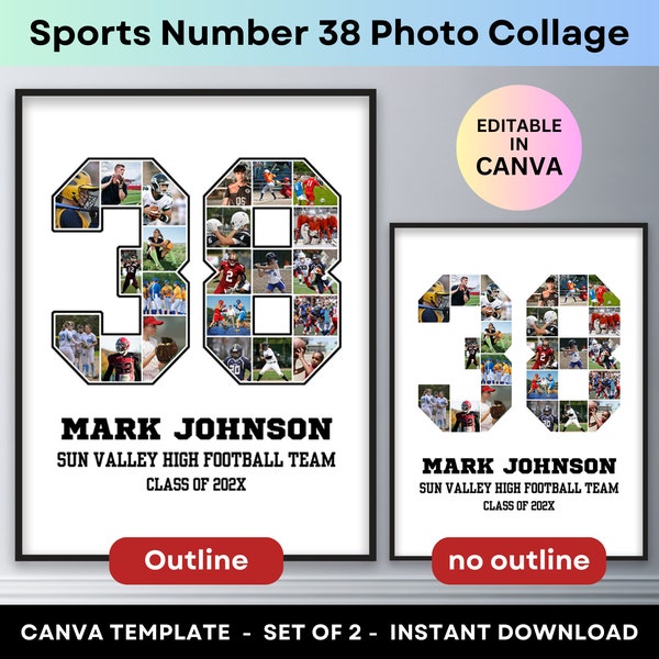 Sports Photo Collage Player Number 38 Graduation Gift Senior Night 2024 Athlete Poster Football Basketball Baseball Soccer Canva Template