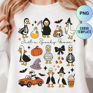 Peut inclure: Sweat-shirt blanc avec un motif coloré sur le thème d'Halloween. Le motif présente diverses oies de dessins animés déguisées, des citrouilles, des chauves-souris et le texte "Just a Spooky Goose".