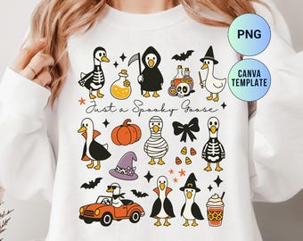 Spooky Goose Halloween PNG Cute Geese Doodle Clipart Funny Halloween Png Retro Goose Cartoon Trending Fall T-shirt Design Canva Template
