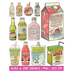 May include: A collection of illustrated beverage containers including glass bottles, a watermelon juice carton, a matcha cup, and a juice pouch. Each item features unique labels with text like Unbothered Watermelon Juice, Cursed Vibes Citrus, and Aura Farming Apple.