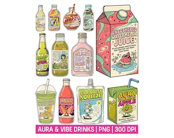 Aura PNG Bundle, Vibe Check Drink Stickers, Main Character Matcha Beverage Flavor, Retro Juice Box Clipart, Vintage Soda Bottle, Gen Z Humor