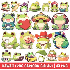 Kawaii Frosch Clipart Niedlicher Frosch PNG Bundle Aquarell Illustration Lustige Cowboy Gamer Hip-Hop Zauberer Pilz Cartoon Digital Aufkleber