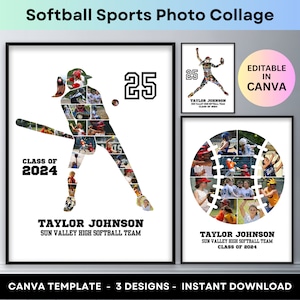 Softball Photo Collage Sports Player Senior Night Graduation Gift Girl Women Athlete Coach Picture Collage Printable Poster Canva Template