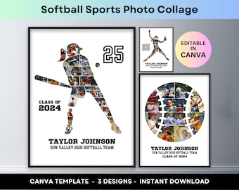 Softball Photo Collage Sports Player Senior Night Graduation Gift Girl Women Athlete Coach Picture Collage Printable Poster Canva Template