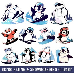 Snowboarding Clipart Vintage Skiing PNG Cute Penguin SVG Retro Polar Bear Cartoon Illustration Winter Sports Ski Snowboard Vector Image