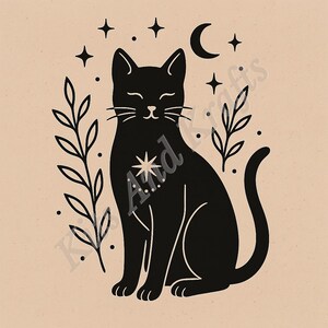 May include: Black cat illustration with a celestial theme. The cat is sitting with closed eyes, a starburst on its chest, and surrounded by stars, a crescent moon, and leafy sprigs. The background is a light tan color.