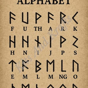 May include: A poster featuring the "VIKING RUNIC ALPHABET" in black lettering, with a grid of runic symbols below. Each symbol has a corresponding letter. The background is a tan colour, resembling aged paper.